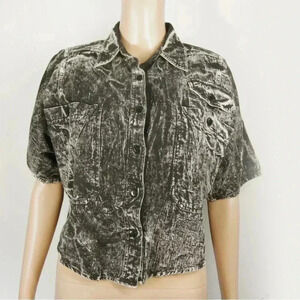 Vintage 80s Retro Black Acid Wash Short Sleeve Button Down Top